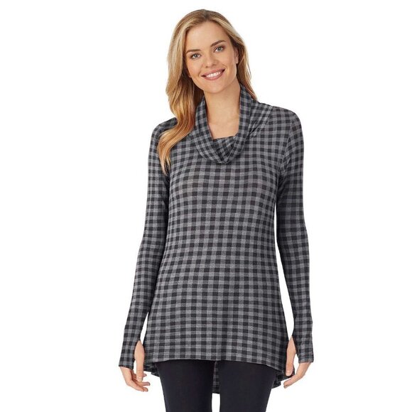 Cuddl Duds Womens Gray Plaid Cowl Neck Long Sleeve Soft Wear Tunic Top Sz M New - Picture 1 of 6